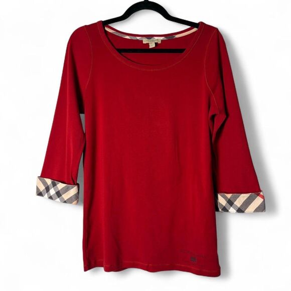 Burberry Brit y2K Preppy Red 3/4 Sleeve Tee Nova Check Cuff 100% Cotton sz XL - Picture 2 of 10